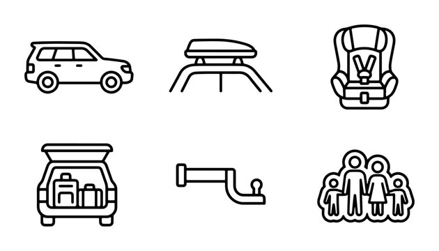 Car Accessories Icons, Family Travel Gear, Vehicle Equipment Set