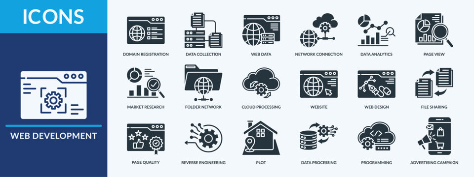 Web Development icon set vector illustration. Containing icon of website, plot, page quality and more. Glyph solid icon symbol collection