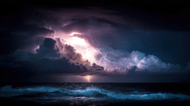 Dramatic lightning storm over ocean with dark clouds and crashing waves during heavy thunderstorm at night
