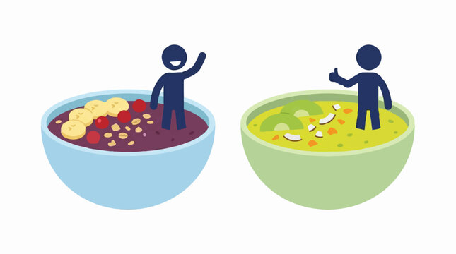 Tiny figures enjoying healthy smoothie bowls with fruit