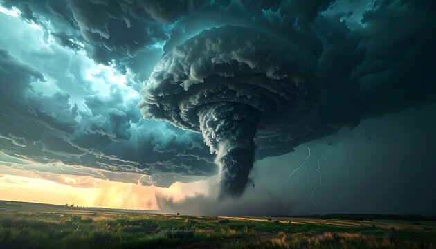 A dark funnel cloud descends from a stormy sky over a grassy field
