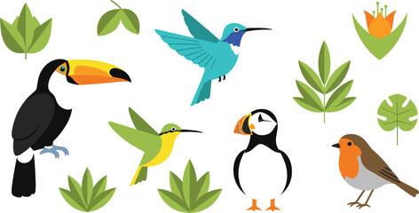 Fototapeta premium Exotic and Wild Birds Vector Element Set Featuring Toucan, Hummingbirds, Puffin, and Robin with Tropical Green Leaves for Nature Greeting Designs