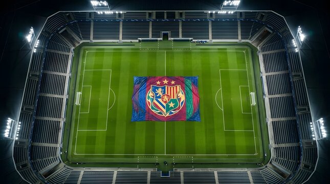 Vibrant Sports Stadium Field with Brazilian Football Flag Backdrop
