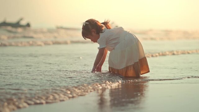 Adorable Asian toddler girl in a white dress walking playfully in the sea waves at the beach during a warm golden sunset. Happy childhood, family summer vacation, carefree weekend getaway