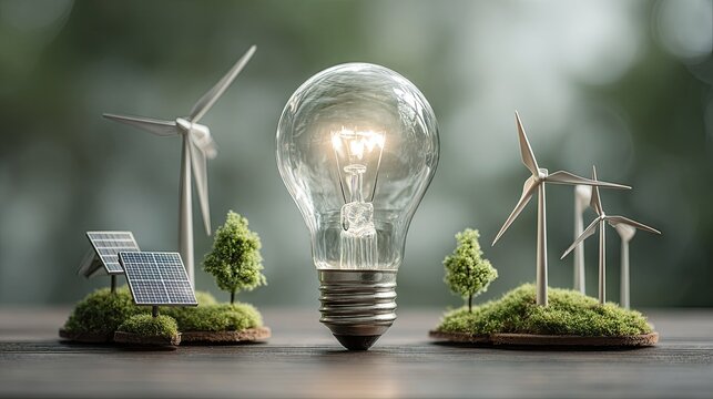 Renewable Energy Concepts Featuring Wind Turbines Solar Panels and Light Bulb for Sustainability and Green Technology