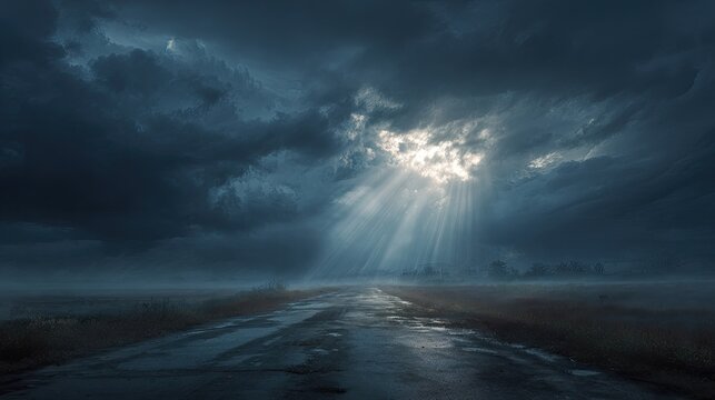 Dark Stormy Sky with Sun Rays Breaking Through Clouds Over Roadway During Heavy Rainstorm