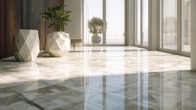 Bright modern indoor space with large glass windows, decorative planters, and polished marble floor, natural sunlight illumination, contemporary interior design