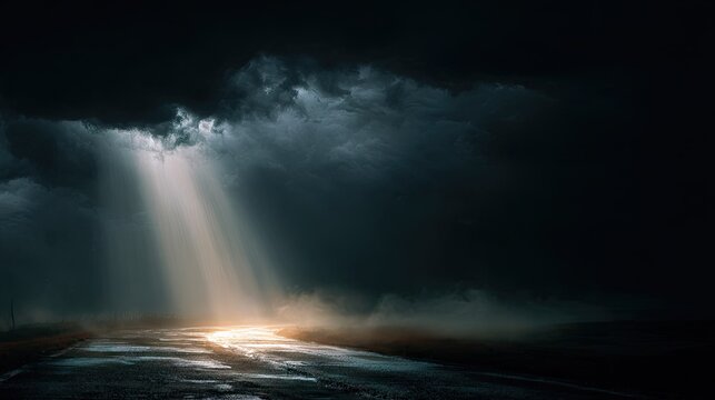 Dramatic storm clouds with sunbeam piercing through dark sky over a wet landscape, creating a powerful moody atmosphere