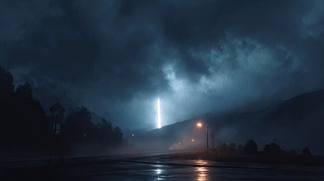 Dramatic night sky with lightning strike illuminating dark clouds over empty wet road with streetlights and silhouetted trees in stormy weather