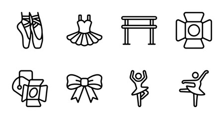 Ballet Icons Set, Dance Performance Elements, Stage Lighting, Tutu, Pointe Shoes © Md