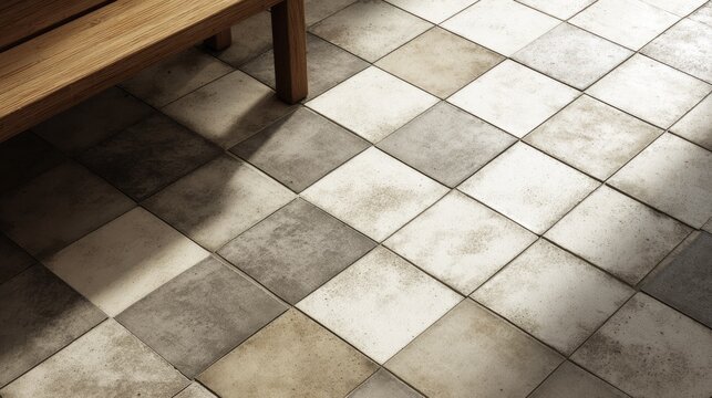 Close-up view of worn tiled floor with grout lines and shadow from wooden bench, emphasizing texture and aged appearance in indoor setting