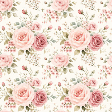Pink floral pattern with roses and leaves