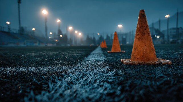 Foggy road at dawn with traffic cones, wet asphalt surface, streetlights, and distant cityscape under cloudy sky, moody urban scene