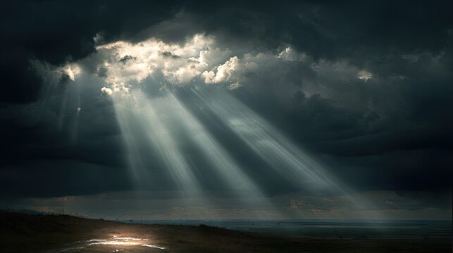Dramatic cloudy sky with sunlight rays breaking through dark storm clouds over a coastal landscape