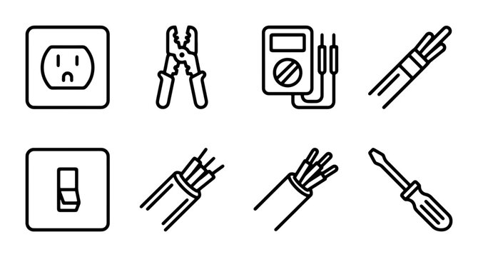 Electrical Icons: Power Outlet, Switch, Tools, Wires, Multimeter, Screwdriver, Vector Set