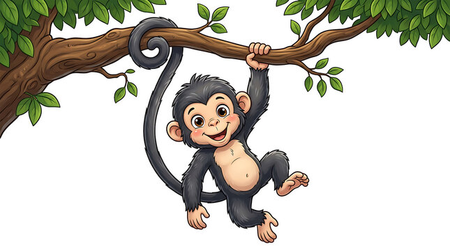 Smiling monkey hanging from tree branch isolated on transparent background