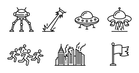 Alien Invasion Icons: UFOs, Spaceships, City Destruction, and Panic Vector Set © Akash