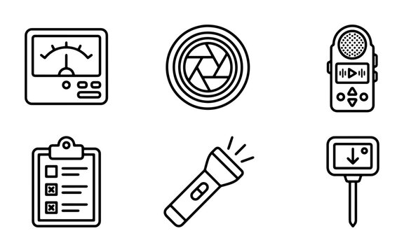 Photography Equipment Icons Set, Camera Lens, Light Meter, Flashlight, Clipboard, Vector Graphics