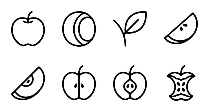 Apple Icons Set: Whole Fruit, Slices, Core, Leaf, Crescent Moon Shapes, Vector Graphics