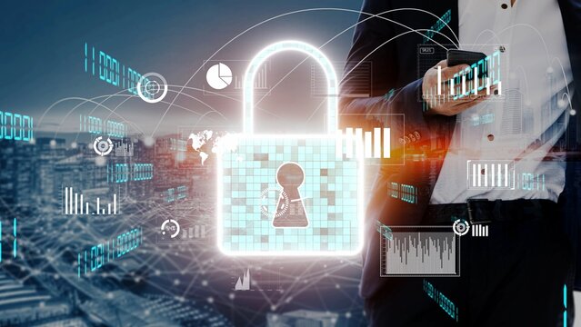 A businessman in a suit holds a smartphone while surrounded by digital graphics showcasing cyber security and data protection trends in a city backdrop. Xenic