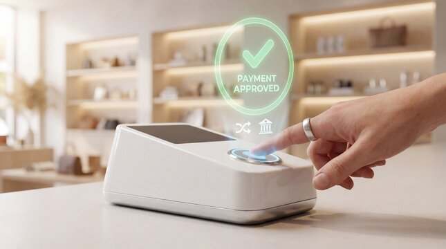 Person using a fingerprint scanner on a modern payment terminal to complete a secure financial transaction in a retail store