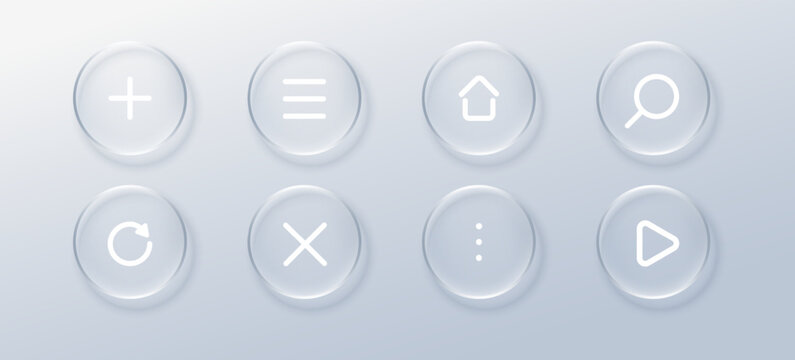 Set Glass ui frame with button icon liquid for effect box web. Frosted white search with glass screen forward for bar app 3d. Dashboard card glass with morphism button modern for icon design ui.