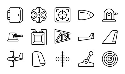 Military Icons Set: Aircraft, Weapons, and Equipment Vector Graphics for Defense Concepts © Akash