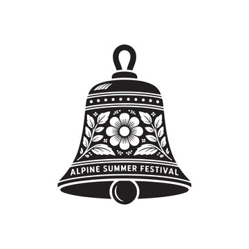 Decorative Monochrome Switzerland Alpine Summer Festival Vector Illustration &ndash; Traditional Swiss Cowbell with Engraved Alpine Floral Carvings and Ornamental Folk-Art Details