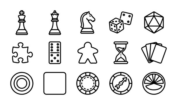 Board Game Icons Set: Strategy, Chance, and Fun Vector Graphics for Entertainment and Leisure