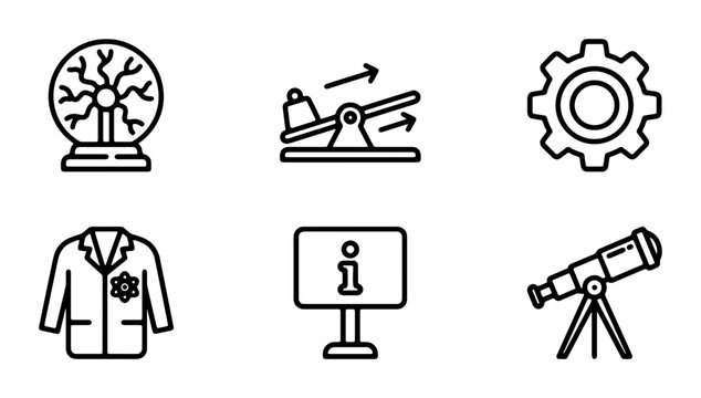 Science Icons Set: Plasma Ball, Seesaw, Gear, Lab Coat, Info Sign, Telescope