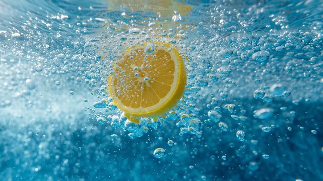 FETTA DI LIMONE CADUTO IN ACQUA CON BOLLE D'ACQUA