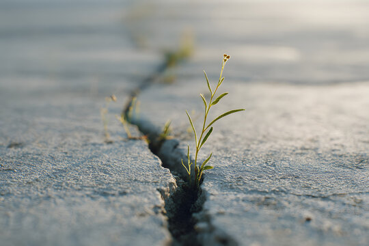 A small, tenacious green plant grows from a crack in concrete, bathed in warm sunlight. It symbolizes resilience, hope, and new life emerging from adversity.