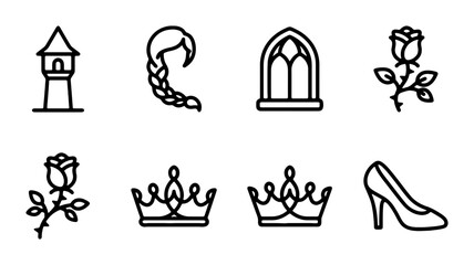 Fototapeta premium Fairy Tale Icons: Tower, Braid, Rose, Crown, Shoe, Gothic Window Vector Set