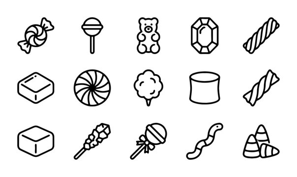 Sweet Treats Vector Icons: Candy, Gummy Bear, Lollipop, Marshmallow, Gemstone Icons