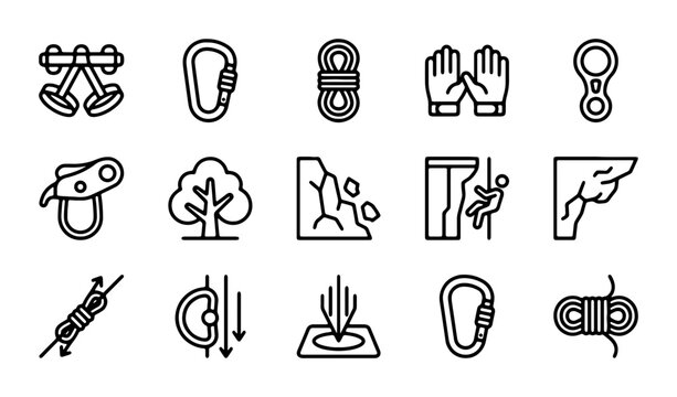 Climbing Gear Icons Set, Outdoor Adventure Equipment, Mountaineering Tools, Vector Graphics