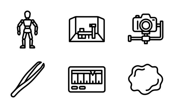 Stop Motion Animation Kit Icons: Mannequin, Set, Camera, Tweezers, Timeline, Clay