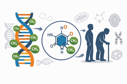 DNA Methylation and Epigenetic Alterations Illustration with DNA Helix, Methyl Groups, Methylated Cytosine Chemical Structure, and Aging Process from Young to Elderly Human Silhouettes