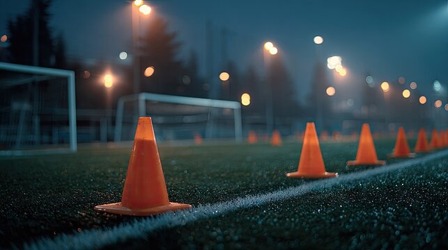 Row of Bright Orange Traffic Cones on Artificial Turf in a Sports Field During Evening Under Stadium Lights