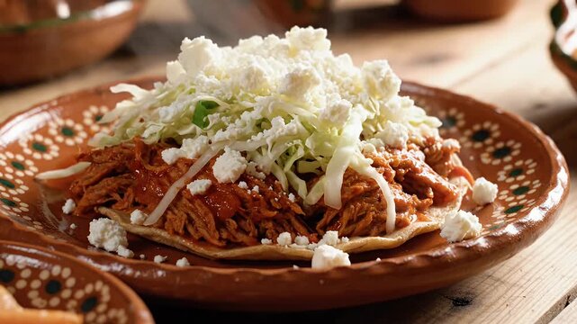 Close up of traditional dish on decorative plate with toppings