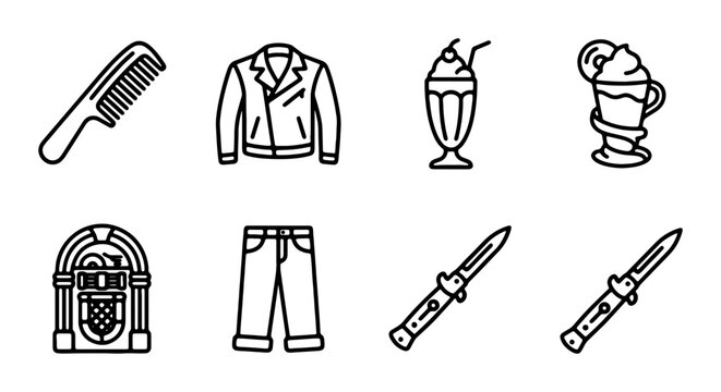Retro 50s Icons: Jukebox, Leather Jacket, Comb, Milkshake, Switchblade, Jeans, Vintage Lifestyle Vector Set