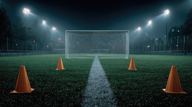 Empty soccer field at night with goalpost, floodlights, and orange training cones on grassy pitch under cloudy sky