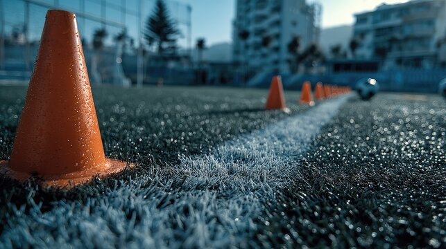 Close-up of orange training cones on wet sports field with water spray effect during daytime, outdoor athletic training environment, urban backdrop