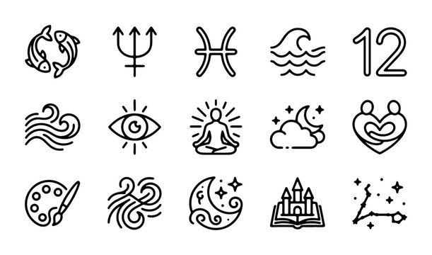 Zodiac Astrology Icons Set, Pisces, Horoscope Symbols, Celestial Elements, 12 Signs Vector Collection