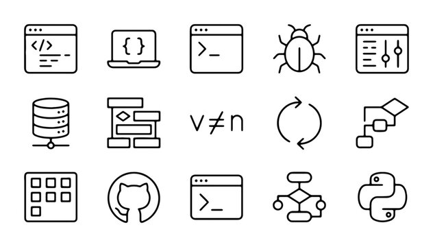 Coding Icons Set, Software Development Symbols, Programming Elements, Technology Graphics