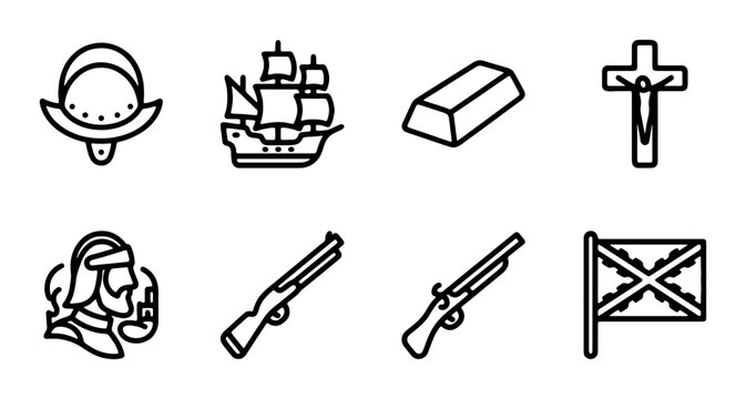 Conquistador Icons: Ship, Gold, Cross, Gun, Flag, Helmet, Explorer Vector Set