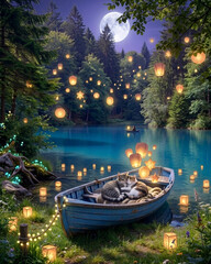 Obraz premium Sleeping Cat Beside Magical River Fantasy Illustration 