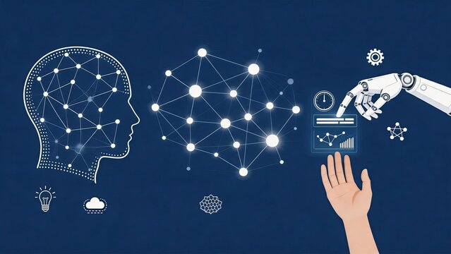 Human and robot hand interaction with ai network, artificial intelligence collaboration, machine learning algorithm, future technology partnership, automation system, digital