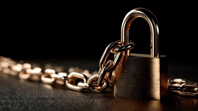 Close-up of a large metallic padlock secured on a chain symbolizing security and protection against theft or unauthorized access