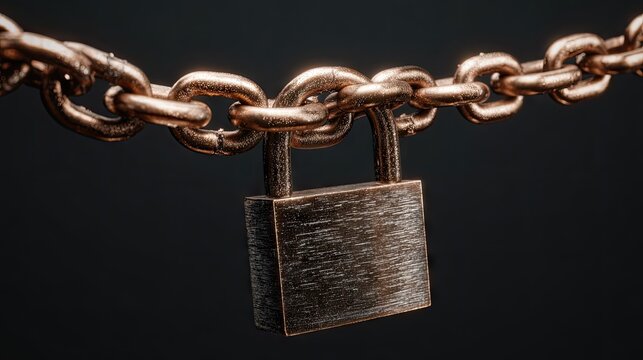 Close-up of a metal chain and padlock hanging with a dark background symbolizing security and protection