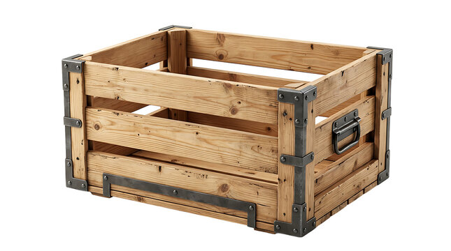 Wooden crate box with metal bands isolated on transparent background